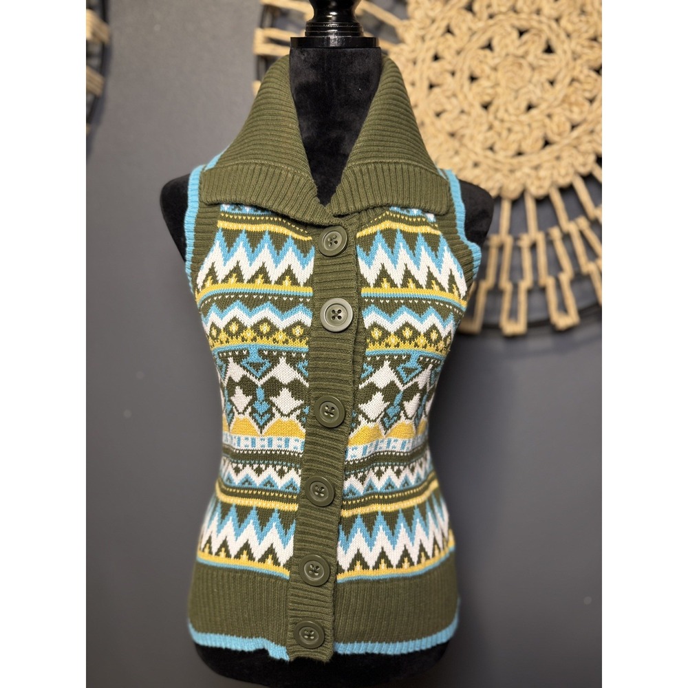 Red Camel Fair Isle Sweater vest Women's Sz XS Button Front Knit Nordic Winter